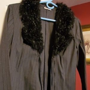 Gray striped jacket with black fur collar